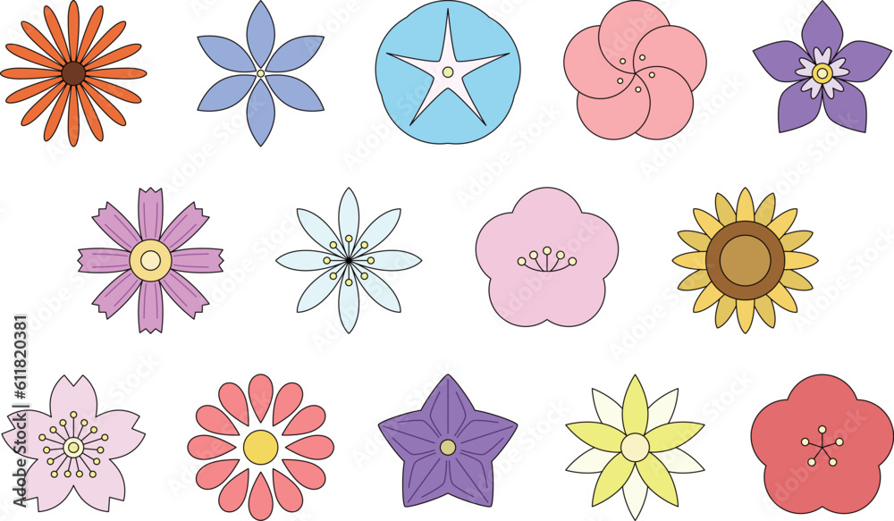 Fototapeta premium 花のカラーイラストアイコンセット 