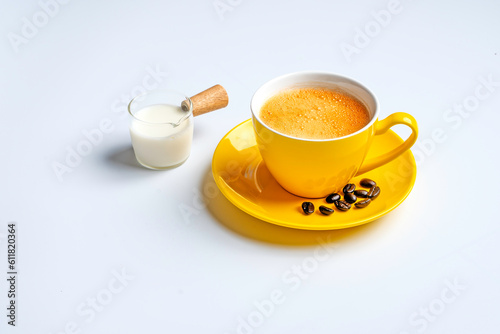 Yellow coffee cup and fresh milk cup on a white background