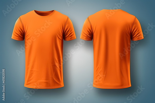 Orange male t-shirt realistic mockup set from front and back view, blank textile print design template for fashion apparel. Created with Generative AI Technology