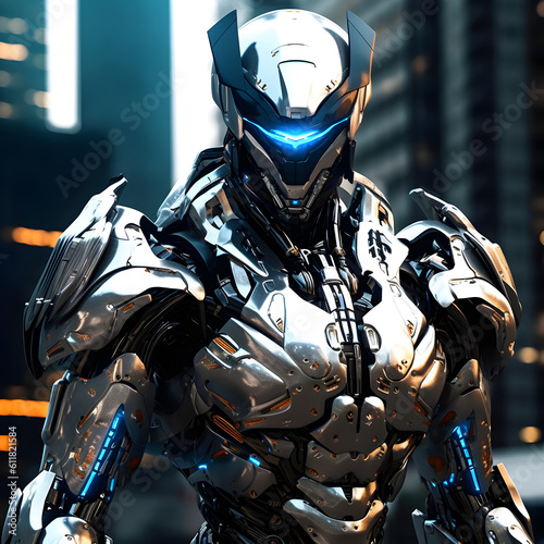 robot cyborg soldier, anime mecha battle suit, silver robotic exosuit, chrome exoskeleton mech armor, generative ai