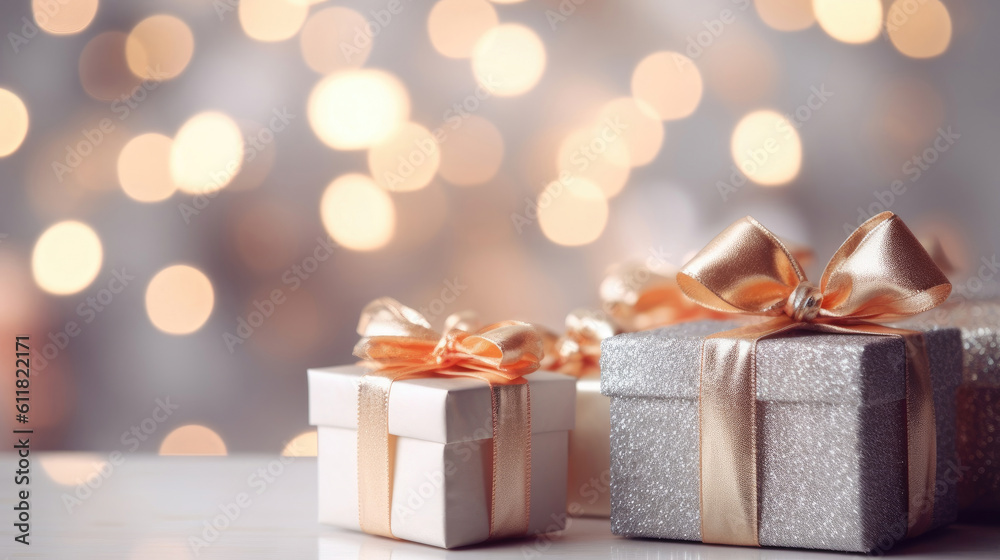 Christmas and new year background - gift boxes and stars near decorated christmas tree Christmas and new year background - gift boxes and stars near decorated christmas tree