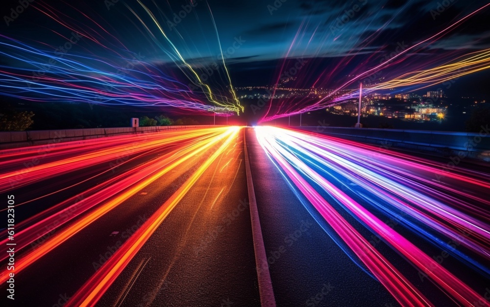 Obraz premium Night Rhythms: Mesmerizing Abstract Light Trails in the Urban Tapestry - High-Quality Wallpaper, Generative AI