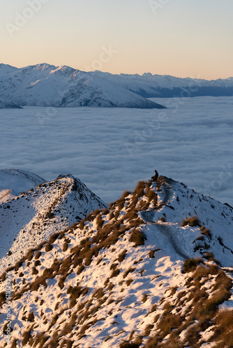 Aerial view above the clouds from Roys Peak summit, Wanaka New Zealand — dramatic winter sunrise over snow-capped Southern Alps with golden light