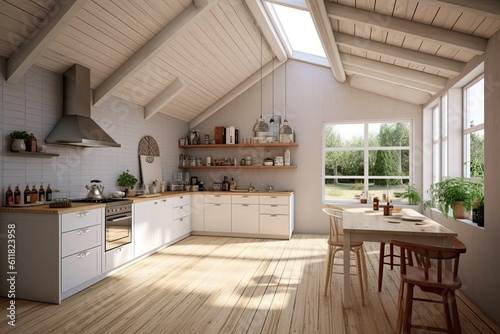 Wooden kitchen in white and gray tones with minimal Japanese influence. Bamboo wallpaper  a parquet floor  and a beam ceiling. design of a farmhouse interior Generative AI