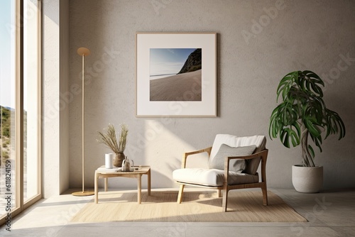 mock poster frame in a room decorated in a Scandinavian manner. Interior decor that is minimal. Generative AI