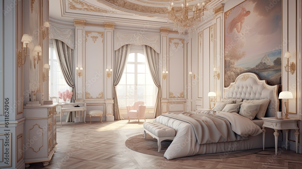 Fototapeta premium Neoclassical interior design for a bedroom. Generative AI