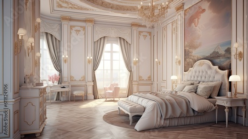 Neoclassical interior design for a bedroom. Generative AI photo