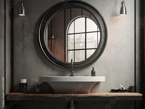 Realistic interior mockup bathroom ceramic sink basin or wash basin with mirror and faucet. modern minimal design. Generative AI