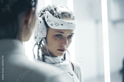 Medical patient receiving futuristic brain treatment from doctor. Generative AI.