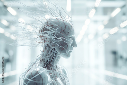 AI robot with exposed nervous system nerves in science lab.  Generative AI. photo