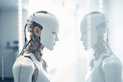 AI robot looking at its reflection in science lab.  