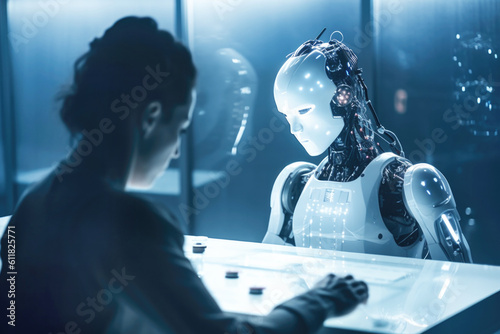 AI robot playing a game with a human woman.  Generative AI. photo