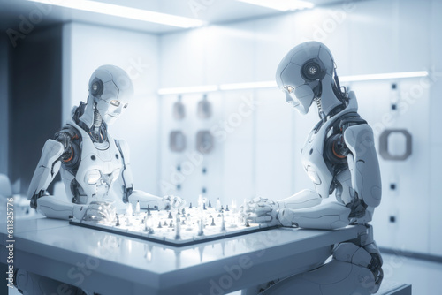 Futuristic AI robots playing a game together.  Generative AI. photo