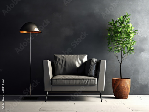 Interior living room with chair and decorations. Scandinavian design. Generative AI. © srijaroen