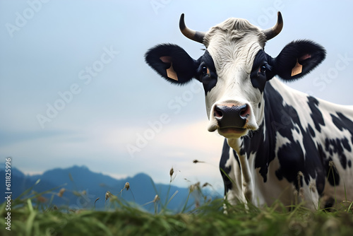 cow on the background of sky and green grass