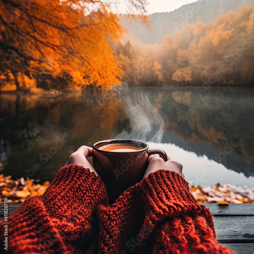 a person holding cup of coffee in the hands in front of lake