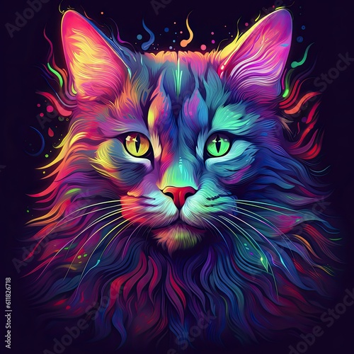 a colorful cat painting with green eyes and plain background