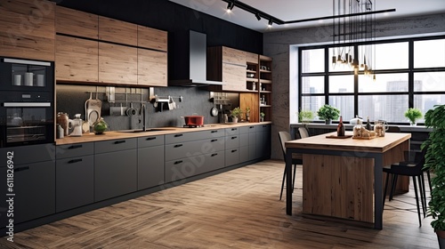 Interior of a functional kitchen in black and brown with a wooden floor and dark gray worktops. a lateral view a mockup Generative AI