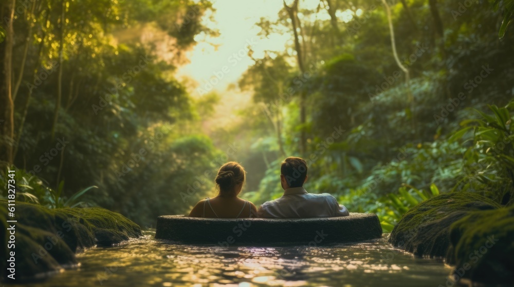 couple enjoying a relaxing spa day, sitting in a hot spring surrounded by nature generative ai couple enjoying a relaxing spa day, sitting in a hot spring surrounded by nature generative ai