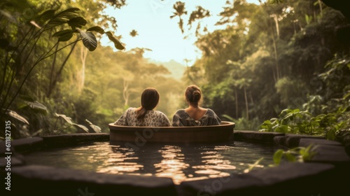 couple enjoying a relaxing spa day, sitting in a hot spring surrounded by nature generative ai