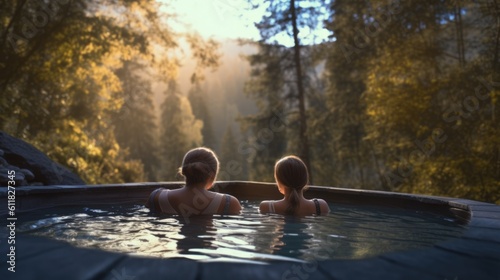 couple enjoying a relaxing spa day, sitting in a hot spring surrounded by nature generative ai