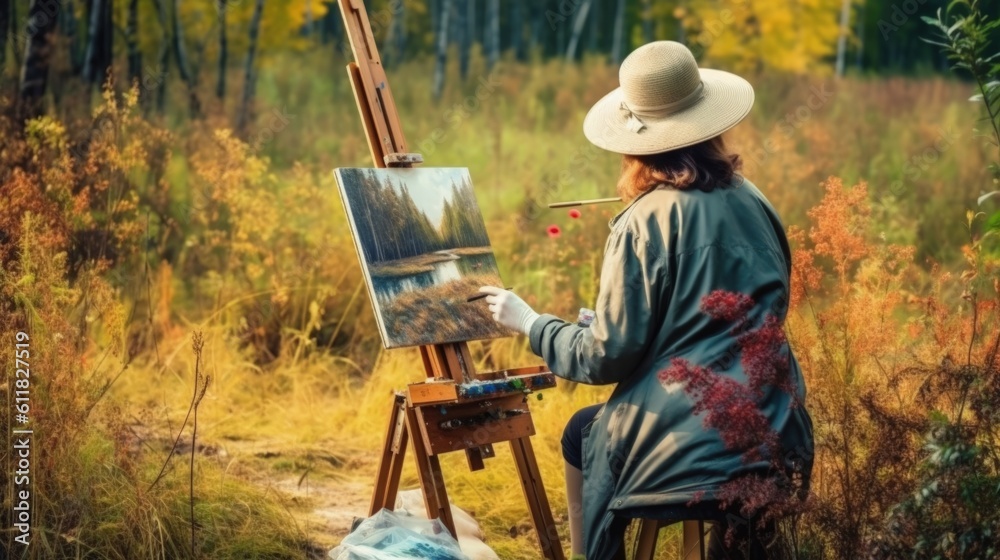 artist painting a beautiful landscape outdoors generative ai