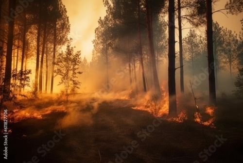 Forest fire in the forest. The concept of disaster and ecology, Burning dry grass and trees in the forest.Generative Ai 