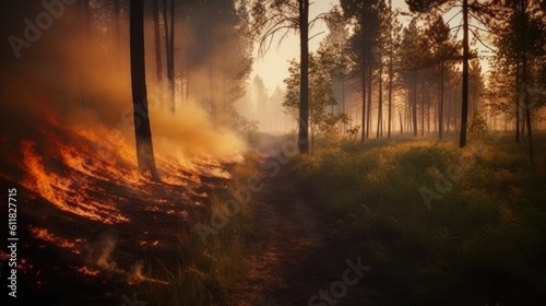 Forest fire in the forest. The concept of disaster and ecology  Burning dry grass and trees in the forest.Generative Ai 