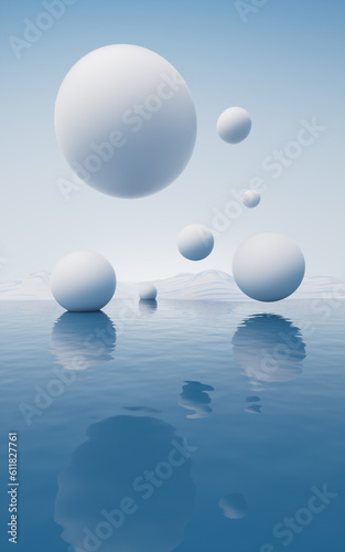 Water surface with round balls background  3d rendering.