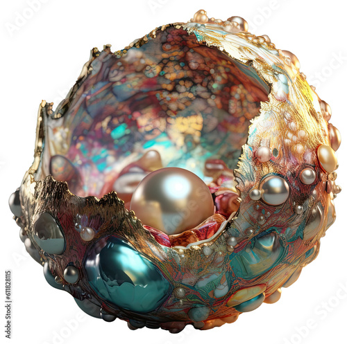 Bejeweled fantasy treasure with pearl isolated on transparent background cutout, generative ai