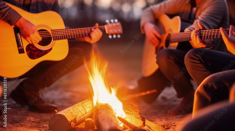Obraz premium hands playing guitar around a campfire with friends generative ai