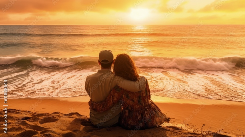 Happy couple watching the sunrise at the beach generative ai