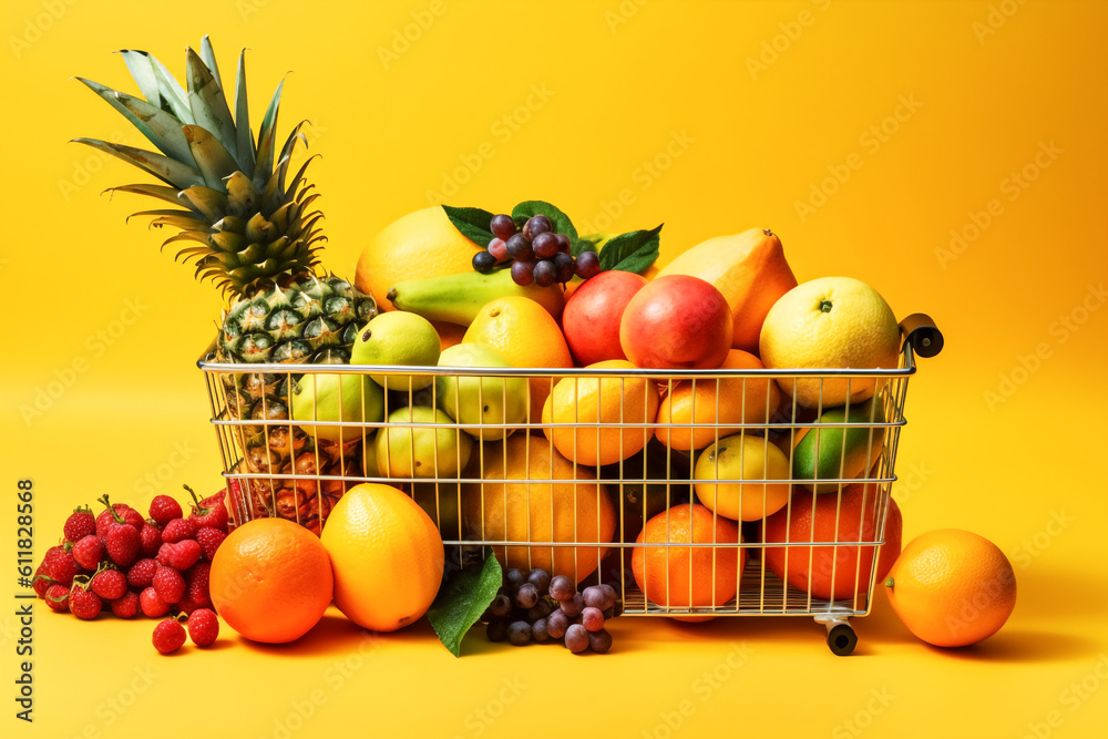Isolated of Organic vegetables and fruits in wicker basket on yellow background , Generative by AI technology. Isolated of Organic vegetables and fruits in wicker basket on yellow background , Generative by AI technology.
