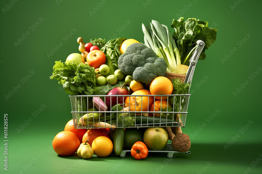 Isolate of Full vegetables and fruits shopping cart on green background concept , Generative by AI technology. Isolate of Full vegetables and fruits shopping cart on green background concept , Generative by AI technology.