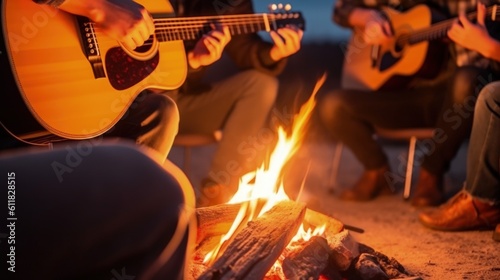 Fotografia hands playing guitar around a campfire with friends generative ai