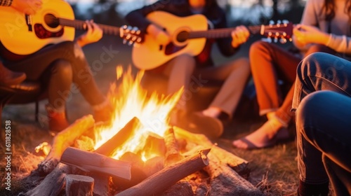 hands playing guitar around a campfire with friends generative ai
