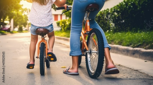 Mother teaching her child to ride a bike in a quiet neighborhood generative ai