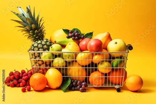 Isolated of Organic vegetables and fruits in wicker basket on yellow background   Generative by AI technology.