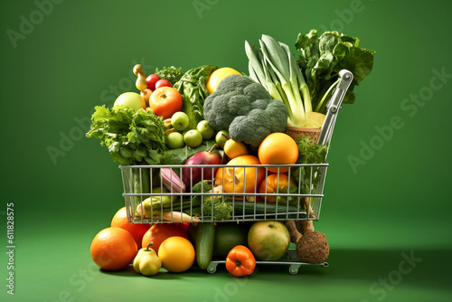 Isolate of Full vegetables and fruits shopping cart on green background concept , Generative by AI technology.