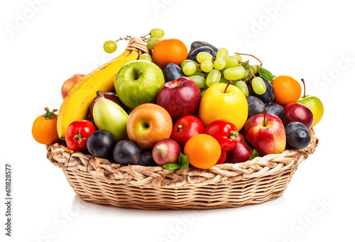 Isolated of Organic vegetables and fruits in wicker basket on white background   Generative by AI technology.