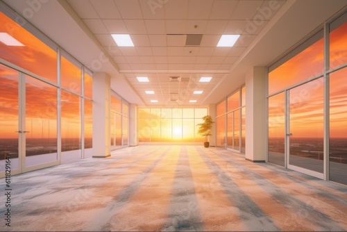 Brightly colored empty space at the business center. office environment Sunset. mockup Generative AI