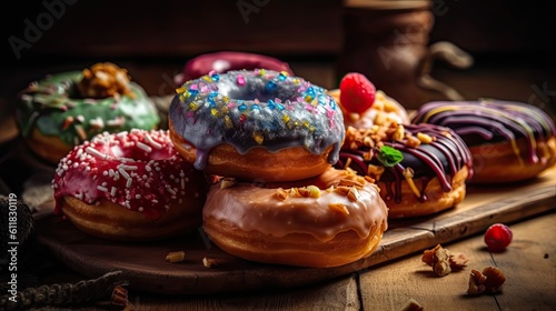 a collection of donuts with fruit toppings on a wooden plate with a blurred background