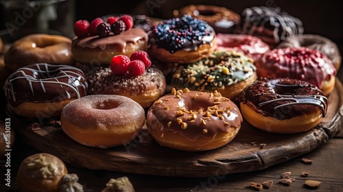 a collection of donuts with fruit toppings on a wooden plate with a blurred background