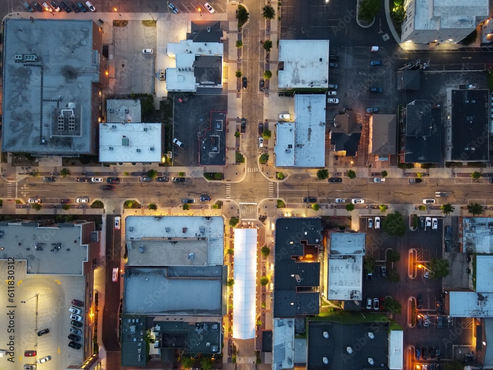 Downtown Wheaton, Illinois, USA Top down aerial view. Wheaton is near