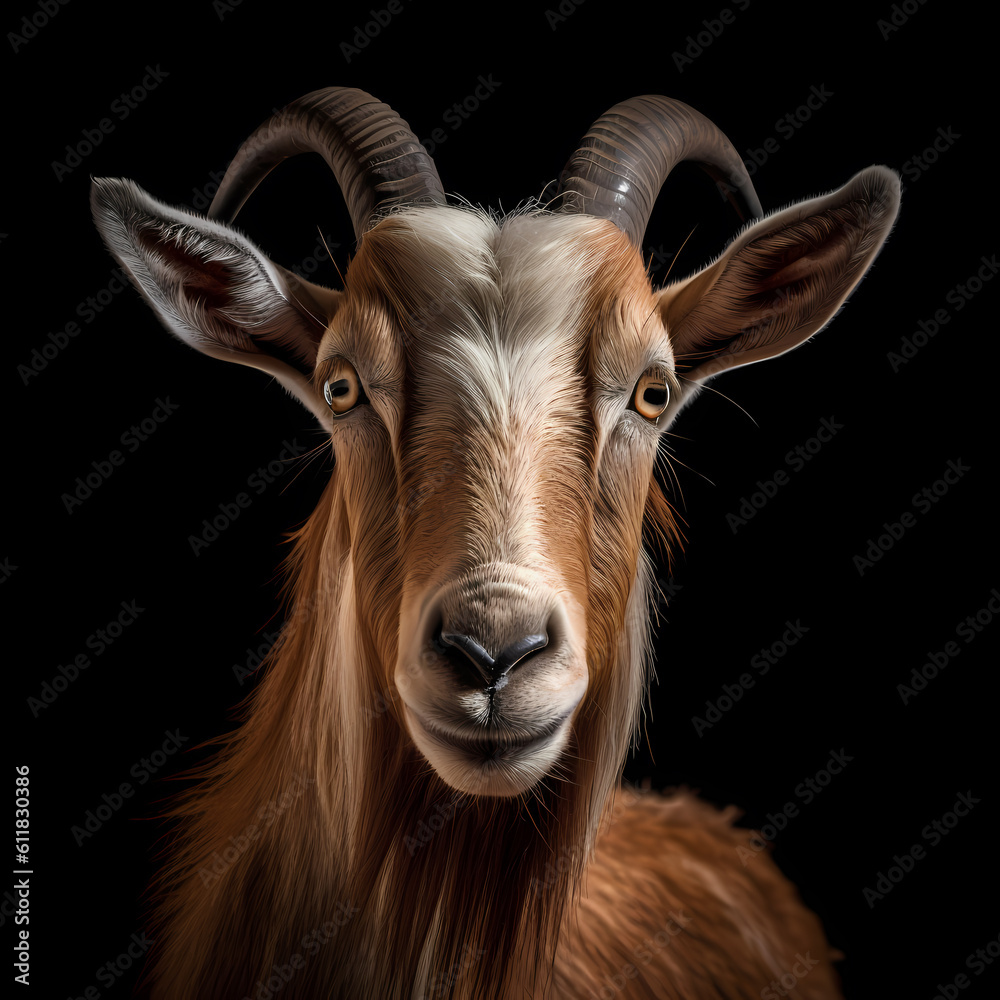 Portrait of a goat face shot, close-up, isolated on black background. generative AI
