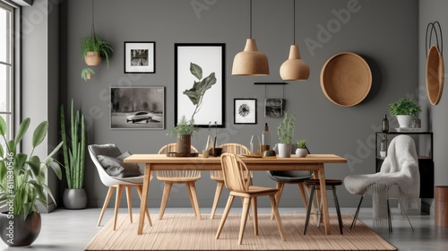 Dining area in a stylish Scandinavian home with wooden seats, a family table, plants, accessories, and a gallery wall with mock-up posters. gray walls as a backdrop Template for vintage Generative AI © 2rogan