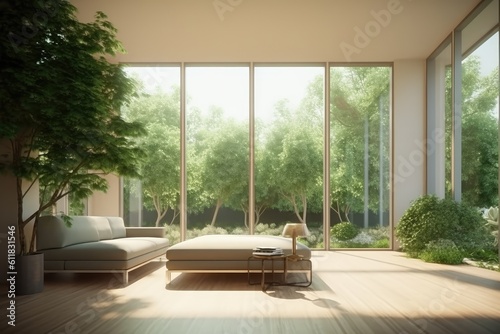 Mockup of an interior scene and frame Large windows and a view of the corner of the green garden from the living area. Generative AI © 2rogan