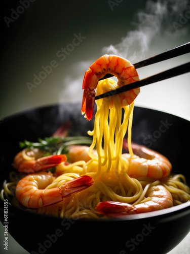 Backlit shot of hot steaming fresh prawn Ramen noodles in a black ceramic soup bowl, with a prawn and some noodles being held up by chopsticks, ready to be eaten. Created by Generative AI.