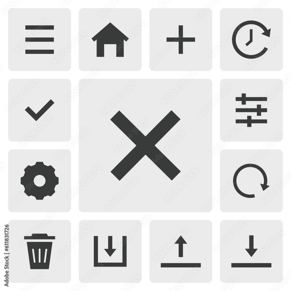 Cancel icon vector design. Simple set of smartphone app icons silhouette, solid black icon. Phone application icons concept. Cancel, delete, select, checked, menu, add, home, save, setting buttons Cancel icon vector design. Simple set of smartphone app icons silhouette, solid black icon. Phone application icons concept. Cancel, delete, select, checked, menu, add, home, save, setting buttons
