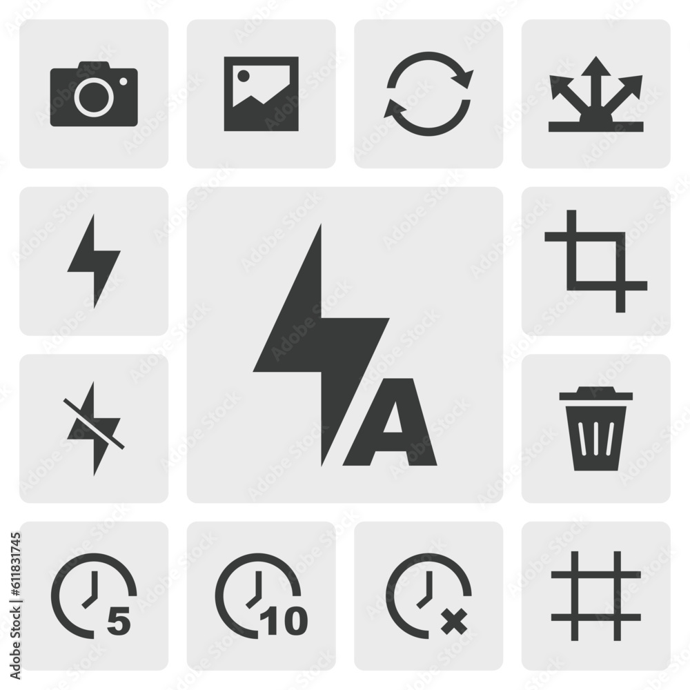 Flash auto icon vector design. Simple set of smartphone camera app icons silhouette, solid black icon. Phone application icons concept. Flash on, off, flash auto, timer, switch camera icons buttons Flash auto icon vector design. Simple set of smartphone camera app icons silhouette, solid black icon. Phone application icons concept. Flash on, off, flash auto, timer, switch camera icons buttons